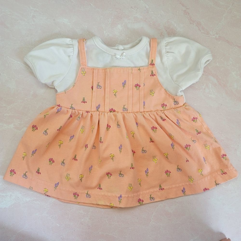 Little lindsey 6-9 month top overalls floral dress peach vintage 80s 90s puff sl